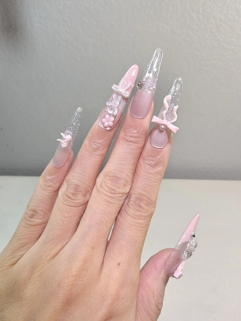 Cute Coquette Pink Glitter Long Almond Press On Nails With 3D Bow Bear Charms